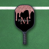 Chique Roos Goud en Zwart Glitter Drips Monogram Pickleball Paddle
