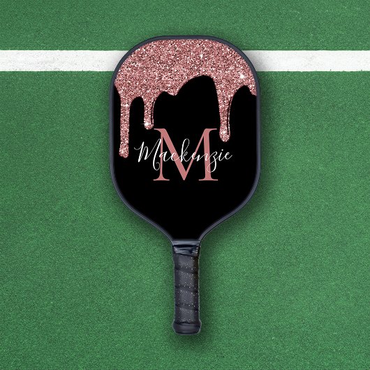 Chique Roos Goud en Zwart Glitter Drips Monogram Pickleball Paddle