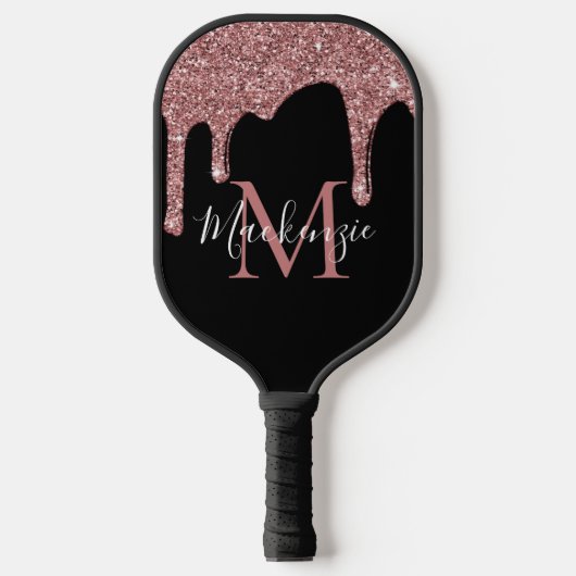 Chique Roos Goud en Zwart Glitter Drips Monogram Pickleball Paddle (Voorkant)