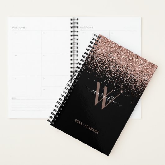 Chique Roos Goud Glitter Zwart Monogram 2024 Planner (Display)