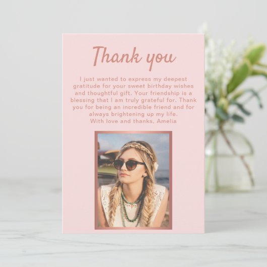 Chique Roos Goud Metallic Foto Verjaardag Bedankkaart (Staand voorkant)