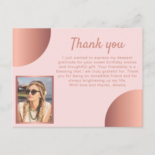 Chique Roos Goud Metallic Foto Verjaardag Dank u Briefkaart (Voorkant)