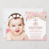 Chique Roos Goud Roze Glitter Bloemen Doop Foto Kaart (Voorkant)