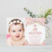 Chique Roos Goud Roze Glitter Bloemen Doop Foto Kaart (Staand voorkant)