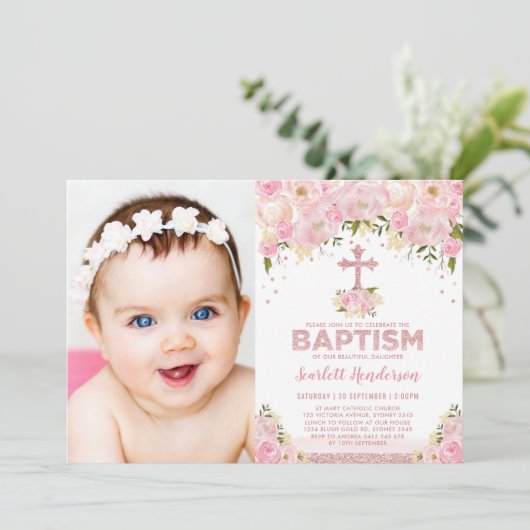 Chique Roos Goud Roze Glitter Bloemen Doop Foto Kaart (Staand voorkant)