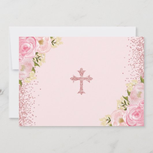 Chique Roos Goud Roze Glitter Bloemen Doop Foto Kaart (Achterkant)