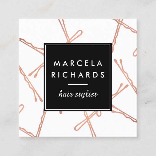 Chique Roos Gouden Bobby Pins Haar Stylist Salon Vierkante Visitekaartje (Voorkant)