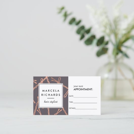 Chique Roos Gouden Bobby Pins op Grijze Afspraak Afsprakenkaartje (Staand voorkant)