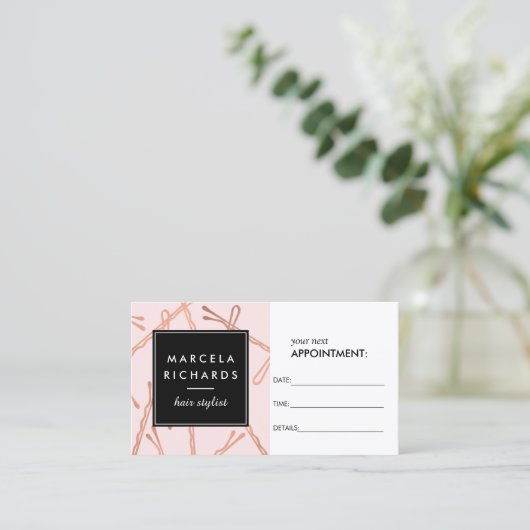 Chique Roos Gouden Bobby Pins op Roze Afspraak Afsprakenkaartje (Staand voorkant)