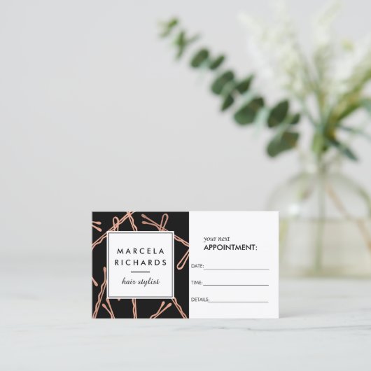 Chique Roos Gouden Bobby Pins op Zwart Afspraak Afsprakenkaartje (Staand voorkant)