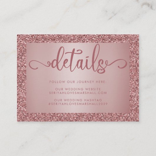 Chique Roos Gouden Glitter Bruiloft Details Informatiekaartje (Achterkant)