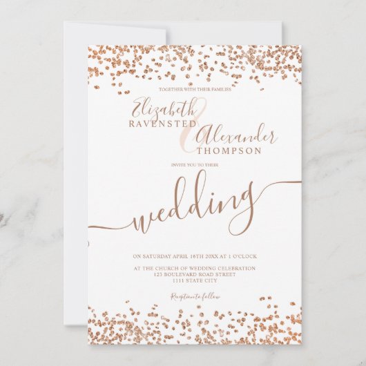 Chique roos gouden glitter confetti witte bruiloft kaart (Voorkant)