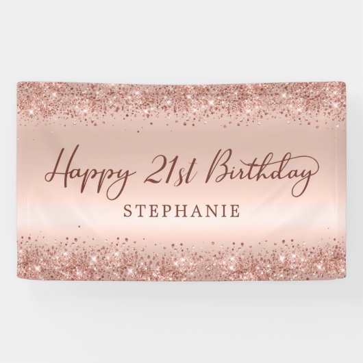 Chique Roos Gouden Glitter Happy 21st Verjaardagss Spandoek (Horizontaal)