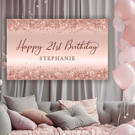 Chique Roos Gouden Glitter Happy 21st Verjaardagss Spandoek