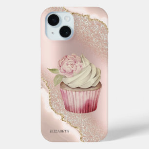 Chique Roos Gouden Glitter Marmeren Cupcake iPhone 15 Case