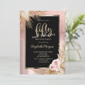 Chique Roos Gouden Glitter Pampas Rozen 50e Verjaa Kaart (Staand voorkant)