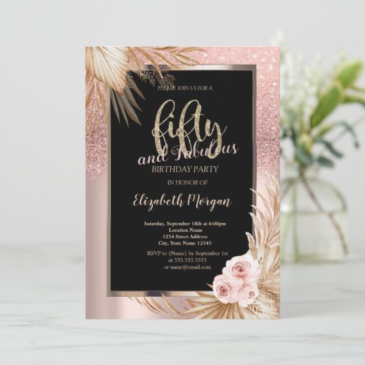 Chique Roos Gouden Glitter Pampas Rozen 50e Verjaa Kaart (Staand voorkant)