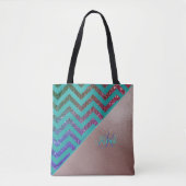 Chique Roos Gouden Glitterij Chevron Blauwgroen Gr Tote Bag (Voorkant)