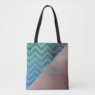 Chique Roos Gouden Glitterij Chevron Blauwgroen Gr Tote Bag