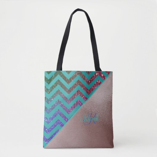 Chique Roos Gouden Glitterij Chevron Blauwgroen Gr Tote Bag (Voorkant)