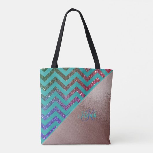 Chique Roos Gouden Glitterij Chevron Blauwgroen Gr Tote Bag (Achterkant)