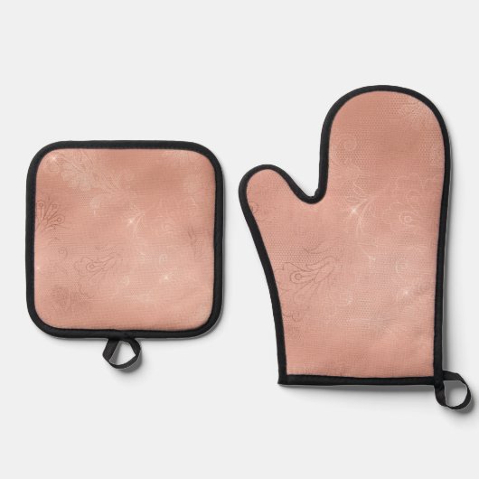 Chique Roos gouden kant bruiloft Ovenwant & Pannenlap Set (Voorkant)