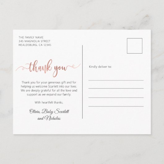 Chique Roos Gouden Script Baby Fotocollage Dank u Briefkaart (Achterkant)