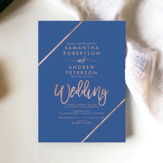Chique roos Gouden typografie blauw bruiloft Kaart