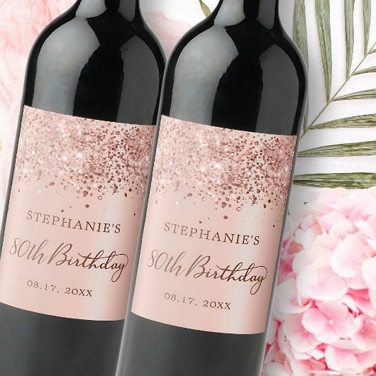 Chique Roos Goudfolie Glitter 80e Verjaardag Monog Wijn Etiket