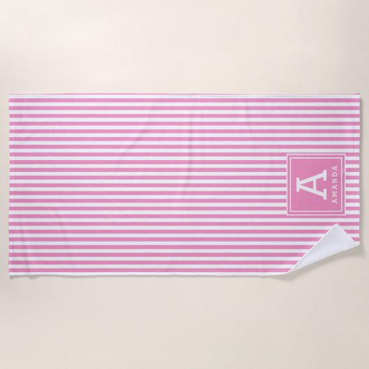 Chique Roos Roze Cabana Strepen Monogrammed Initia Strandlaken (Voorkant)