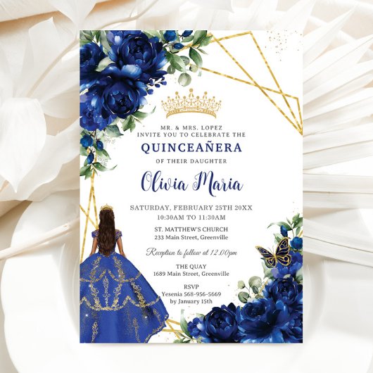 Chique Royal Blauw Bloemen Bruin Prinses Quinceañe Kaart