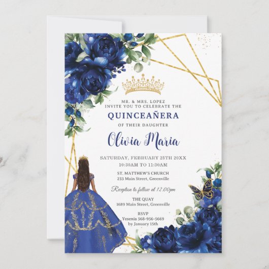 Chique Royal Blauw Bloemen Bruin Prinses Quinceañe Kaart (Voorkant)