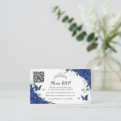 Chique Royal Blauw Bloemen Zilver Quinceañera QR C Informatiekaartje (Staand voorkant)
