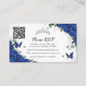 Chique Royal Blauw Bloemen Zilver Quinceañera QR C Informatiekaartje (Voorkant)