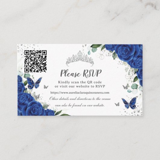 Chique Royal Blauw Bloemen Zilver Quinceañera QR C Informatiekaartje (Voorkant)