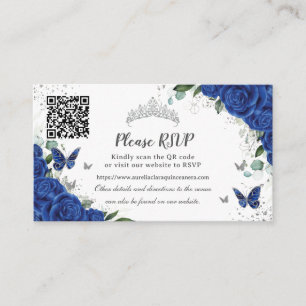 Chique Royal Blauw Bloemen Zilver Quinceañera QR C Informatiekaartje