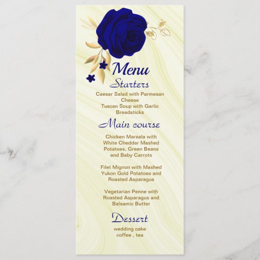 Chique Royal Blauw Goud Bloemen Bruiloft Menu (Voorkant)