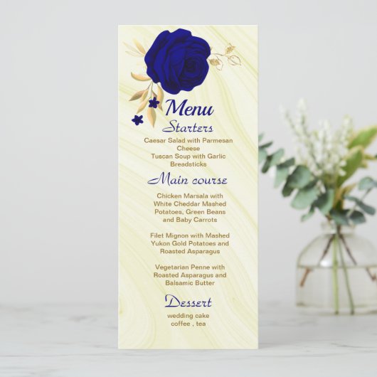 Chique Royal Blauw Goud Bloemen Bruiloft Menu (Staand voorkant)