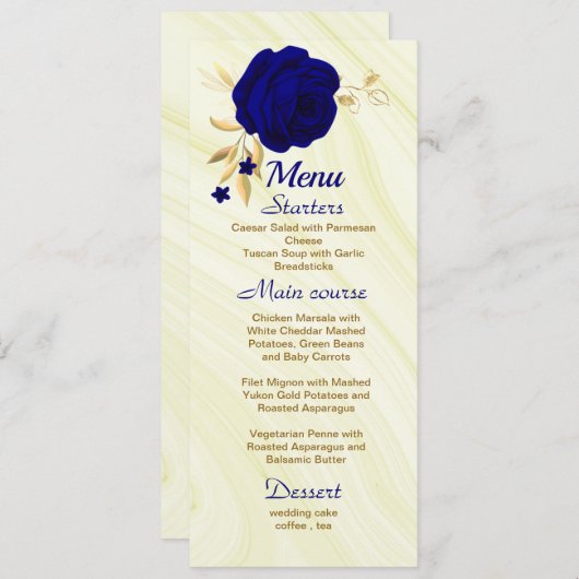 Chique Royal Blauw Goud Bloemen Bruiloft Menu (Voorkant / Achterkant)