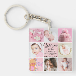 Chique roze aangepaste naam en babemeisje fotocoll sleutelhanger