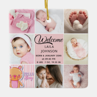 Chique roze aangepaste naam en fotocollage van bab keramisch ornament