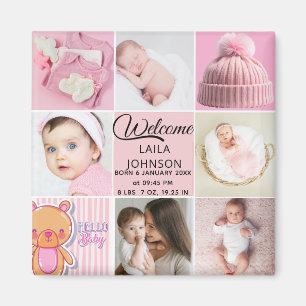Chique roze aangepaste naam en fotocollage van bab magneet