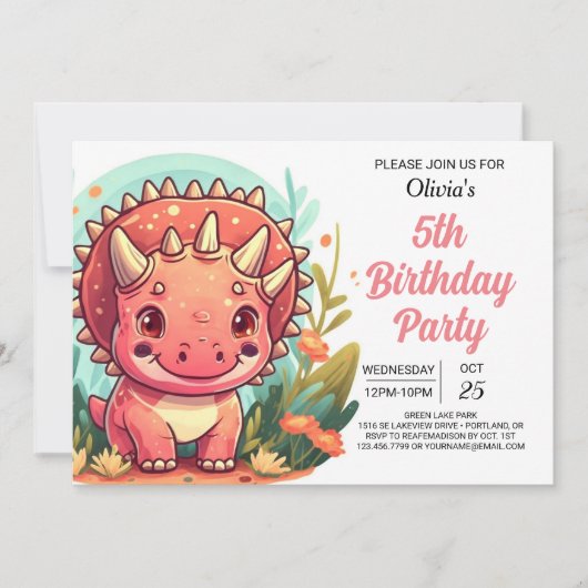 Chique roze afdrukbare dinosaurus meisje verjaarda kaart (Voorkant)