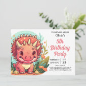 Chique roze afdrukbare dinosaurus meisje verjaarda kaart (Staand voorkant)