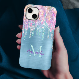 Chique roze aqua eenhoorn druppelen glitter monogr iPhone 15 case