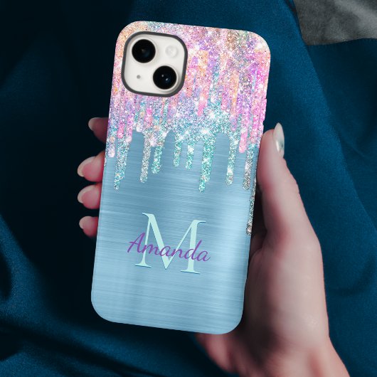 Chique roze aqua eenhoorn druppelen glitter monogr Case-Mate iPhone case