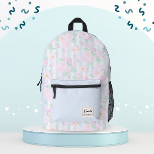Chique Roze Aquarel Bloem en Strepen Monogram Bedrukte Rugzak