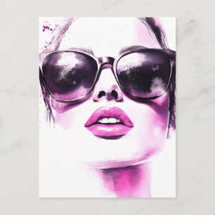 Chique Roze Aquarel Mode Vrouw Zonnebril Feestdagenkaart
