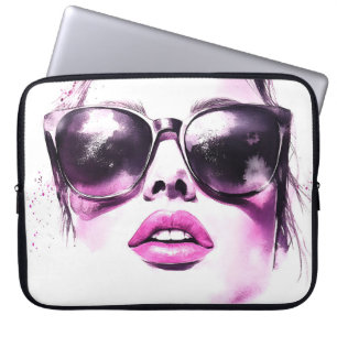 Chique Roze Aquarel Mode Vrouw Zonnebril Laptop Sleeve