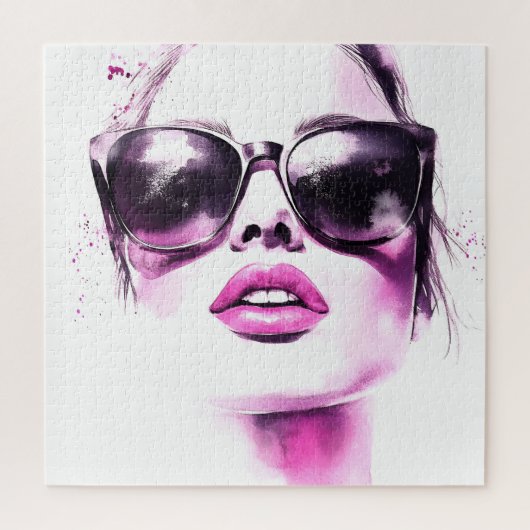 Chique Roze Aquarel Mode Vrouw Zonnebril Legpuzzel (Verticaal)